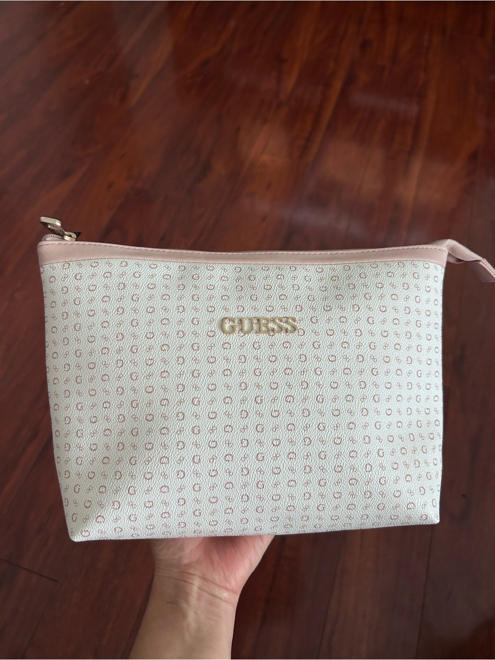 GUESS Pink and Cream Monogram Cosmetic Case with Gold Logo